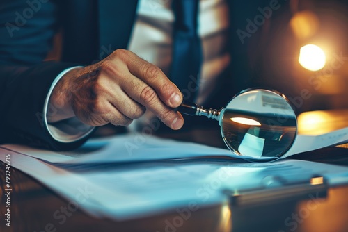 Fraud Investigation Concept. Auditor Inspecting Account Documents with Magnifying Glass for Tax