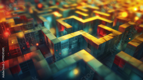 Futuristic cityscape with neon lights and detailed architecture in digital illustration