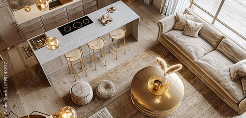 A panoramic cinematic view from the kitchen island, overlooking a sophisticated living room with a soft beige velvet sofa, a contemporary gold-rimmed coffee table, and luxurious gold light fixtures. 