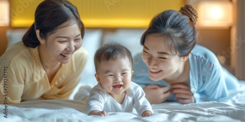 Happy family, love, and sisters with baby on bed for bonding, relaxation, and chat at home. Smile, infant or female children lying with baby boy in bedroom with comfort, security, or care