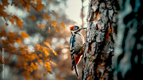 woodpecker perched on a tree performing blows with its beak on the surface of the trunk