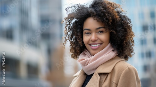 Black woman, business portrait, city travel, smiling on New York street celebrating freedom. Face of young person with natural hair, beauty, and fashion walking among metropolitan structures.