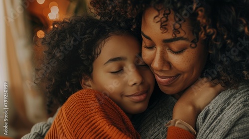 Mother's Day, home bonding, or living room couch hug. Biracial mother with daughter on apartment sofa care, custody, and