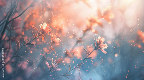 Subtle peach particles floating gently against a misty, blurred scene, imbuing the atmosphere with delicate warmth.
