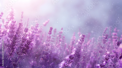 Purple lavender flowers under a blue sky, a beautiful field of blooming plants