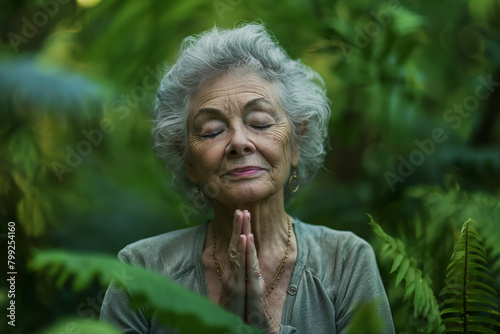 Meditation in the Jungle: Elderly Woman with Grey Hair Meditating in Nature