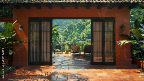 From the back, a view of a terracotta house with sliding doors open to a patio overlooking a dense, green forest.