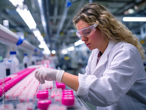 A woman in a lab coat is working with pink containers. She is wearing gloves and goggles. The scene is focused on her work and the precision of her actions