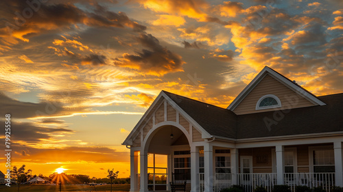 Golden sunset skies over a new community clubhouse with a white porch and gable roof, featuring a semi-circle window in high definition.