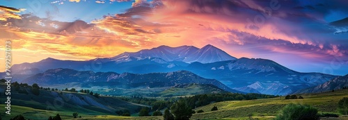 A majestic mountain range under the colorful sky, with rolling hills and green pastures in front of it