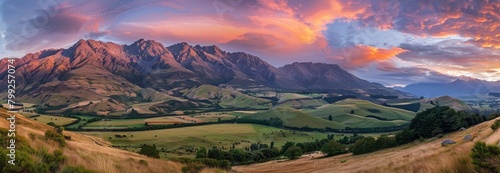 A majestic mountain range under the colorful sky, with rolling hills and green pastures in front of it