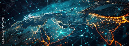 Abstract digital map with glowing connections and lines representing global network, data transfer or technology concept.