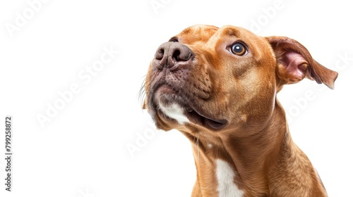 Cute brown dog looking up on white background