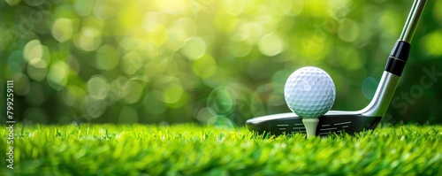 Golf ball on tee and driver golf club on grass background. perfect shot, closeup view, sunny day
