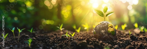 The green earth is growing in the soil, with sunlight shining on it and sprouting plants.