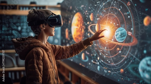 A teacher in a medium shot wearing VR goggles, pointing at a virtual solar system model, teaching astronomy to invisible students