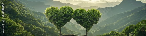 Two trees with leaves in the shape of love hearts growing on top of each other, surrounded by lush green mountains