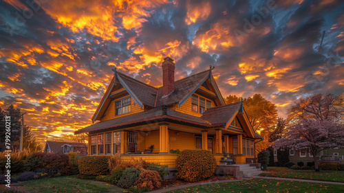 Sunset view of a golden yellow craftsman cottage with a layered mansard roof, the sky ablaze with the daya??s last colors, casting a warm, golden light over the home and signaling the end of the day.