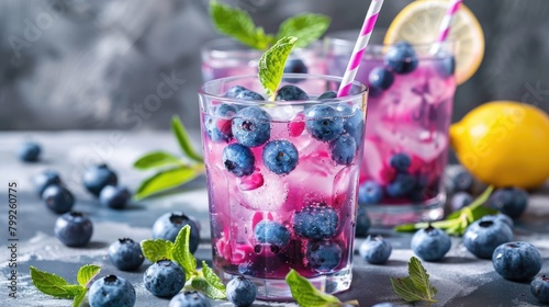 Refreshing Blueberry Lemonade Cocktail in Summer. Detox and Diet Alcoholic Beverage with Freshly