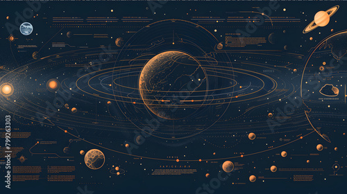 Solar system and galactic exploration illustration with planets and orbital lines. Space and astronomy concept background with copy space for design. Panoramic view with extensive space for text 