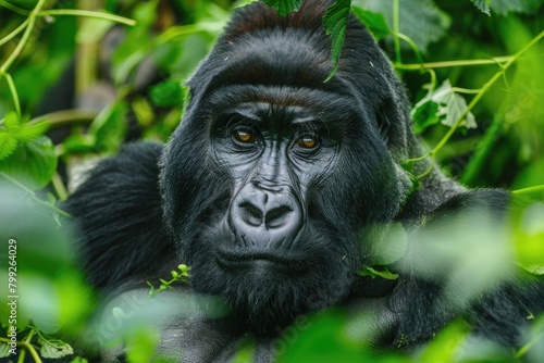 Intense Gaze: Silverback Mountain Gorilla of Rwanda and Congo in Africa. Ape Adventure and Family