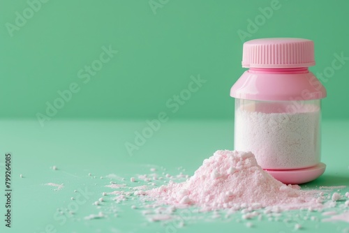 Healthy Baby Talcum Powder on Top of Pink Container with Copy Space on Green Background. Beauty