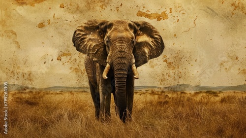 Elefante. Traditional Kenyan and Tanzanian Art of Masai Inspired Elephant in Wild Safari Background