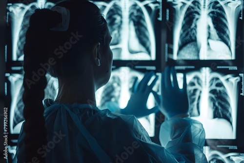 A female radiologist analyzes pictures of the lungs hung on a lightbox. Attention, diagnostics, data interpretation