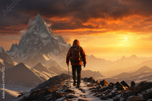Nature, hobbies and leisure, travel, exploration, states of mind concept. Man with backpack hiking in mountains. Majestic and breathtaking view of the mountains. Man looking to horizon