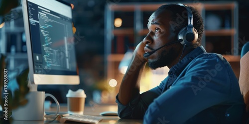 Call center, black man, stress, burnout, desktop issue, agony, and crisis headache on pc. Telemarketing consultant frustrated by PC web issue, bad sales service, and difficulty