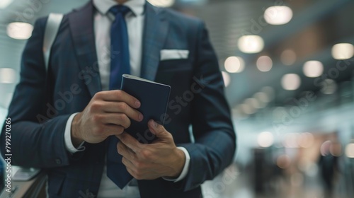 Traveling with hands, phone, and passport, checking airport flight times on smartphone app. Hand of business employee clutching smartphone or travel ID.