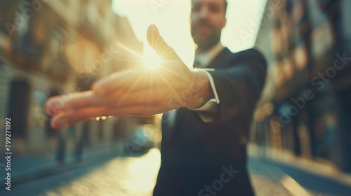City, business, and person shaking hands for introduction, welcome, partnership, or street offer. Corporate employee or employer with client handshake for trip, onboarding, and agreement