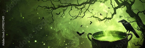 Witch s Potion Bubbling in Cauldron with Ominous Raven Filled Forest Overhead