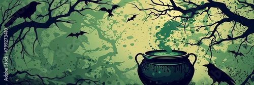 Witch s Cauldron Bubbling with Noxious Green Potion Gnarled Tree Branches Overhead Ravens Perched Nearby