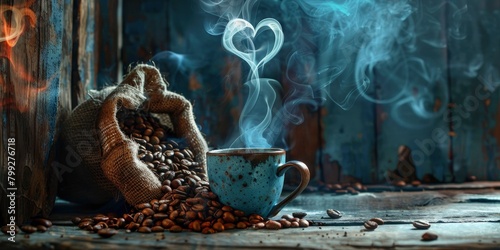 The background is wooden, with coffee beans spilling out of the bag and smoke rising from them.