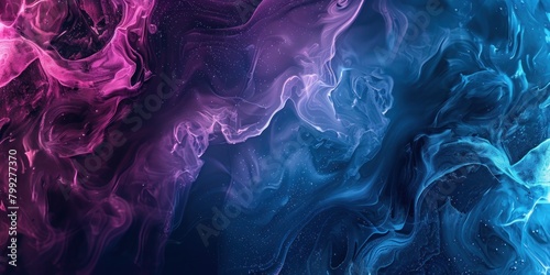 Abstract thin streams of colorful pink, lilac and blue smoke, chaotically intertwining with each other on black background