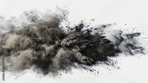 Dynamic image of black powder exploding, creating an abstract dust explosion against a stark white background