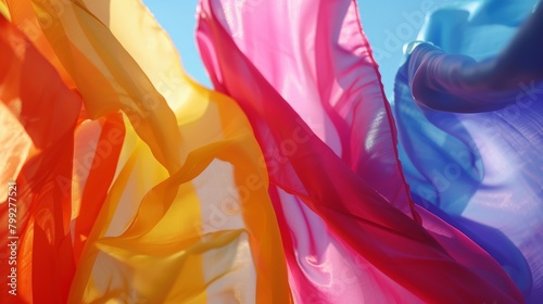 Dynamic scene of fabric in bold colors waving in the breeze, presented in a cinematic 16:9 widescreen view