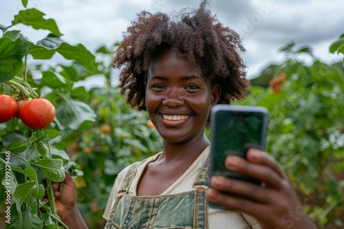 Agriculture, farm, and smiling black woman taking selfie outside. Agro, sustainability, and female farmer self-portrait after plant inspection for social media or internet.