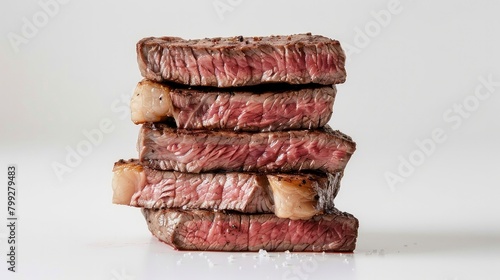 A stack of five cut steaks, side view, plain white background,