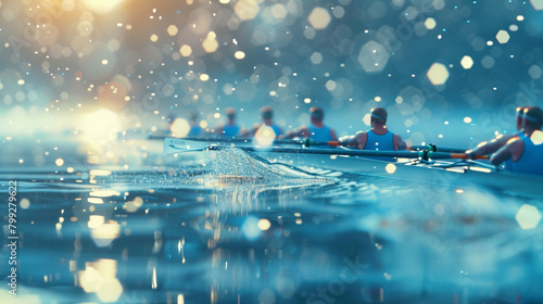 Rowing regatta with azure particles shimmering against a blurred backdrop, reflecting the precision and teamwork of rowers gliding across the water.