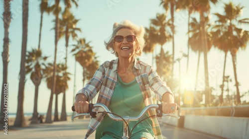 Happy, music, grin, old woman at beach image for streaming, freedom, or summer. Internet, technology, and headphones with older lady listening to podcast, audio, or media radio online.
