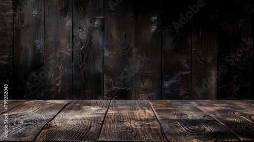 dark wooden table with an empty middle for displaying products, and a dark backdrop