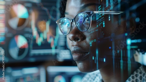Future screen, statistics and night woman reading data analysis of fintech insight hud, administration or bank accounting. African accountant, financial analyst, and face overlay review business chart