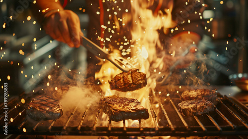 A dynamic shot of a chef expertly grilling pork chops steaks on a flaming barbecue grill, with sparks flying and smoke billowing, showcasing the artistry. Ai generated