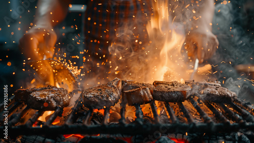 A dynamic shot of a chef expertly grilling pork chops steaks on a flaming barbecue grill, with sparks flying and smoke billowing, showcasing the artistry. Ai generated