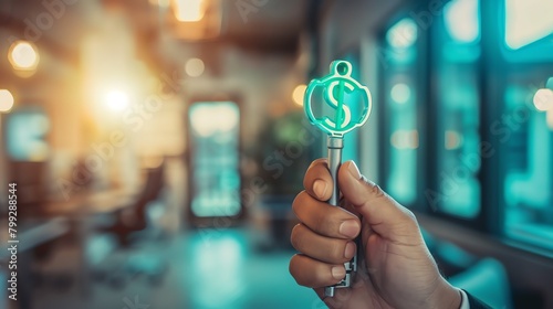 Professional shot of a hand holding a key with a green dollar sign, blurred office setting background, focus on financial solutions