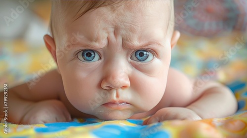 A baby with blue eyes is lying on his stomach with a grumpy expression on a colorful blanket