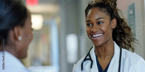 A nurse is smiling and talking to her patient in the hospital