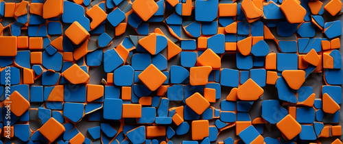 An intricate pattern of overlapping blue and orange 3D shapes creating an abstract geometric composition